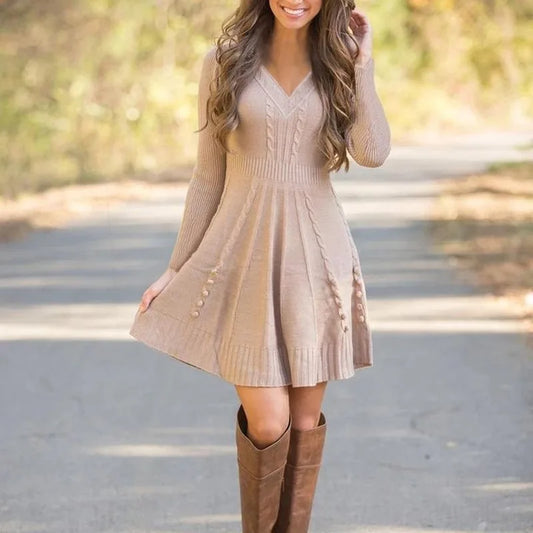 Vintage Solid Color V-Neck Long Sleeve Loose Flared Hem Midi Sweater Dress