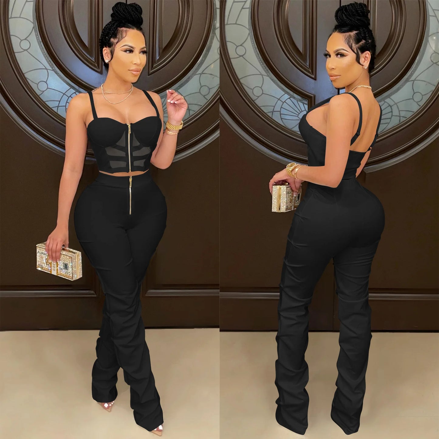 Corset Top Hollow-Out Zipper Front Cropped Tank Top + Stacked Zipper Front Pants Women's 2-Piece Set