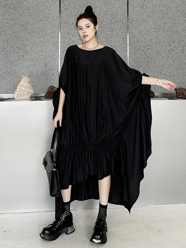 Oversized Black Pleated Irregular Long Dress O-Neck Half Sleeve Dress