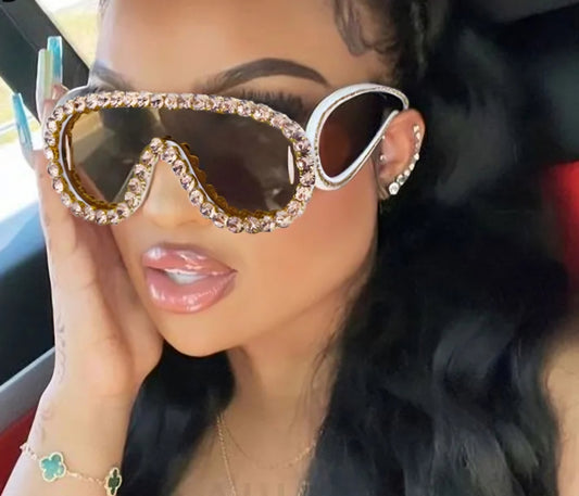 Embellished Oversized Punk Rhinestone Crystal Baguette Steampunk UV400 Women's Round Bottom Shield Sunglasses