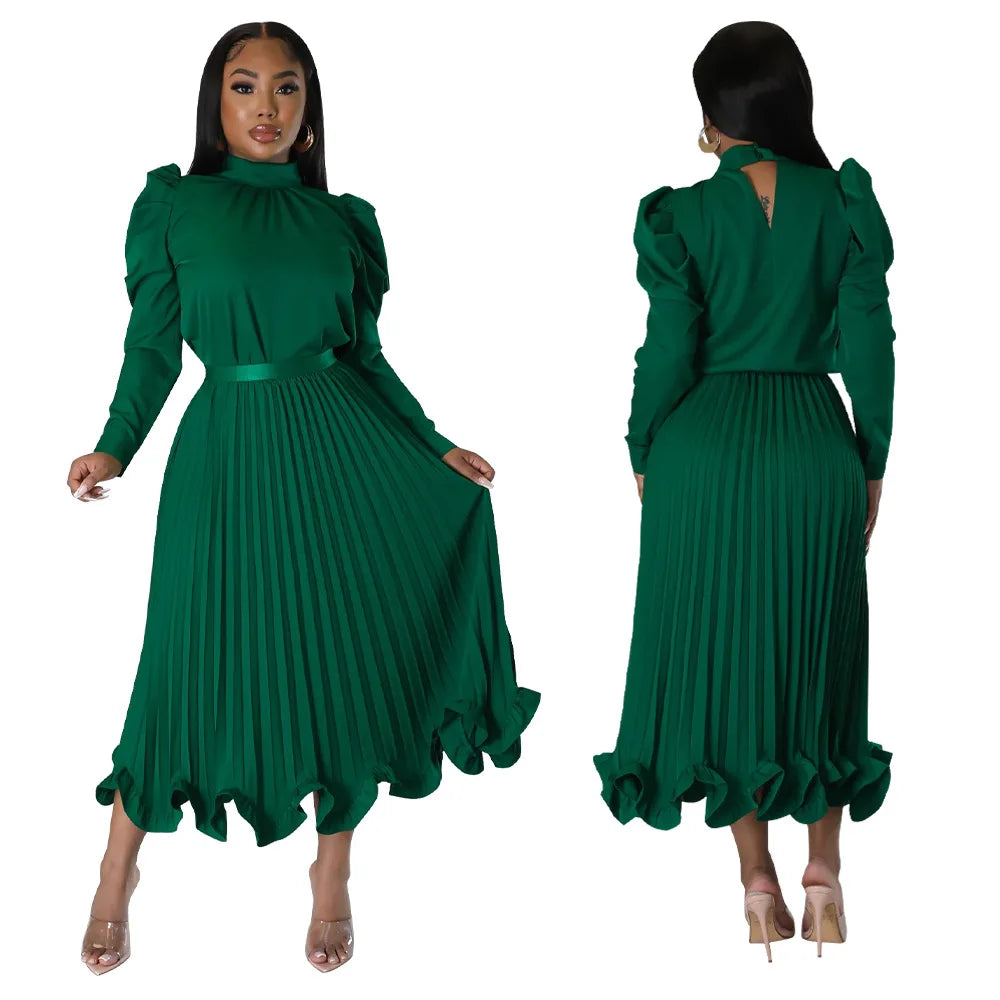 Women’s Solid Color O-Neck Lantern Sleeve Blouse + A-Line Flounce Formal Pleated Maxi Skirt w/ Sash Belt 2-Piece Set