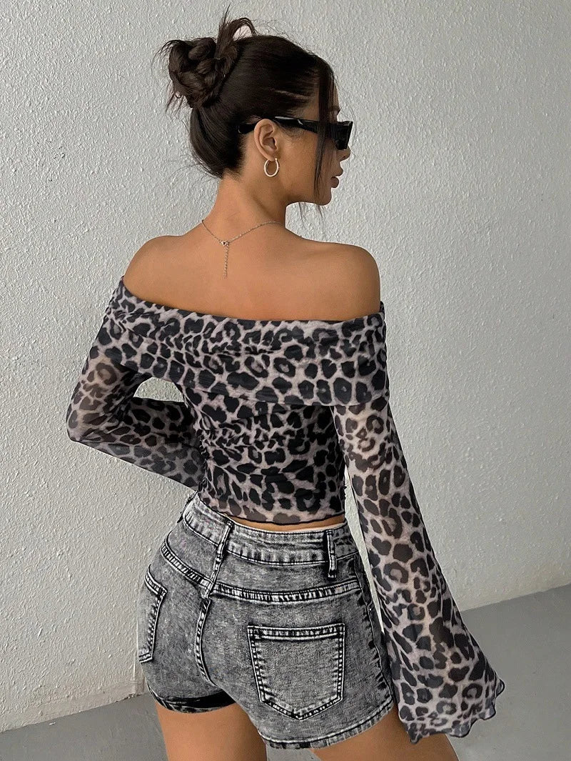 Leopard Print Off-the-Shoulder Streetwear Long Sleeve O-Neck Women's Shirt