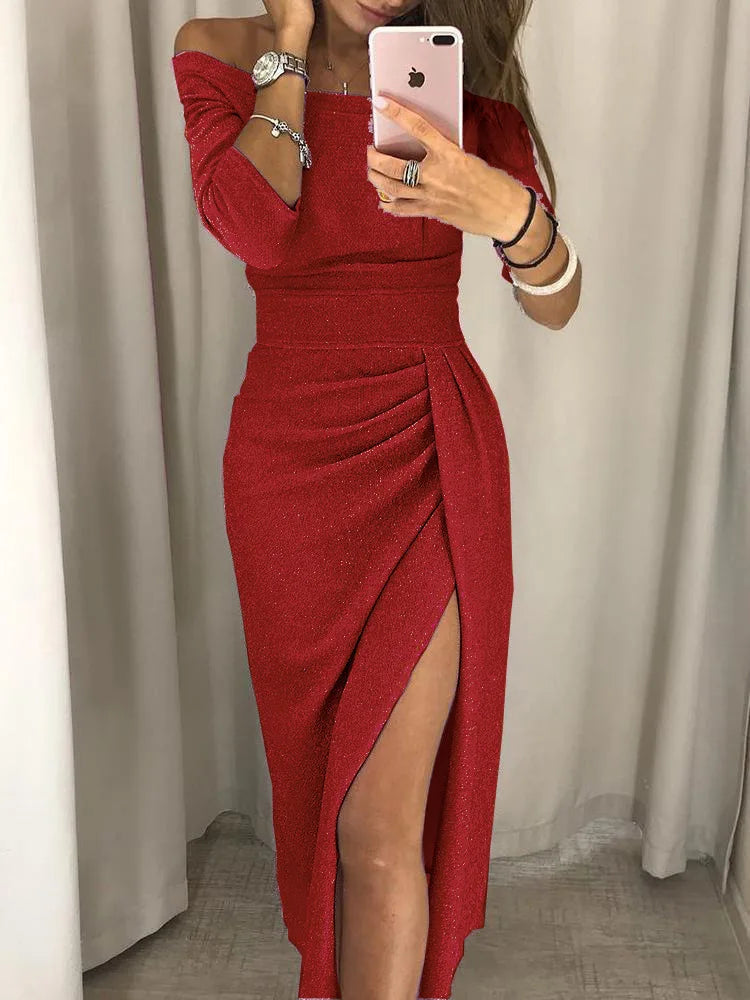 Ruched Sequin Solid Off-the-Shoulder Long Sleeve V-Neck Side Slit Bodycon Asymmetrical Dress to 5X