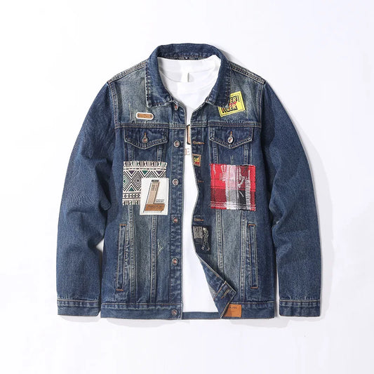 Men's Denim Patchwork Design Washed Gradient Colorblock Hip-Hop Streetwear Jean Jacket