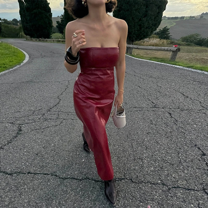 Shiny PU Leather Women's Solid Color Blazer Jacket w/ Flared Sleeveless Tube Maxi Dress 2-Piece Suit