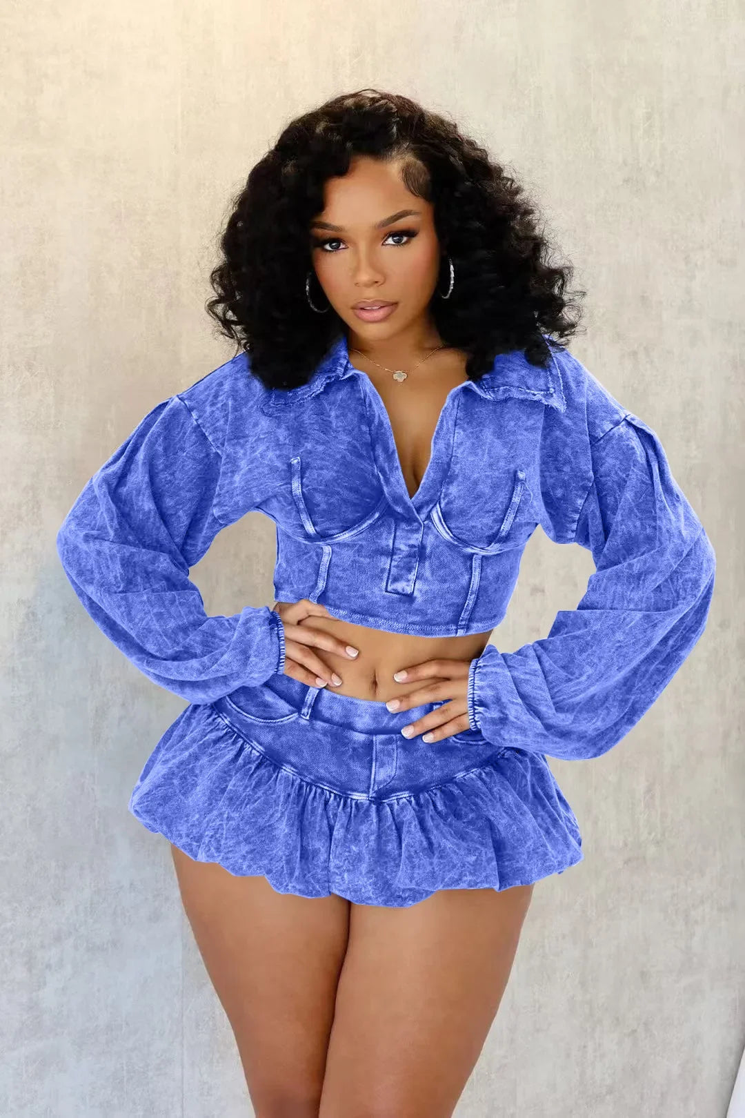 Acid Washed Distressed Women's Long Sleeve V-Neck Turn-Down Collar Cami Pullover Crop Top + Mini Ruffled Jean Skirt 2-Piece Set