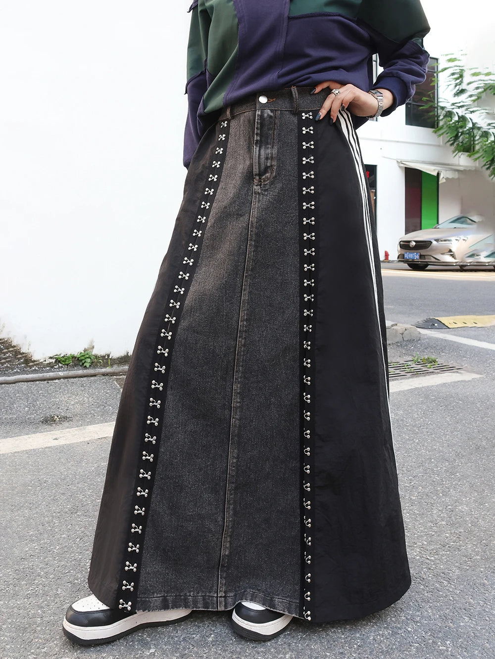 240939 European American Personalized Buttons Woman A-E Skirt Loose Plus Size Patchwork Denim Long Skirts Faldas Mujer Saias