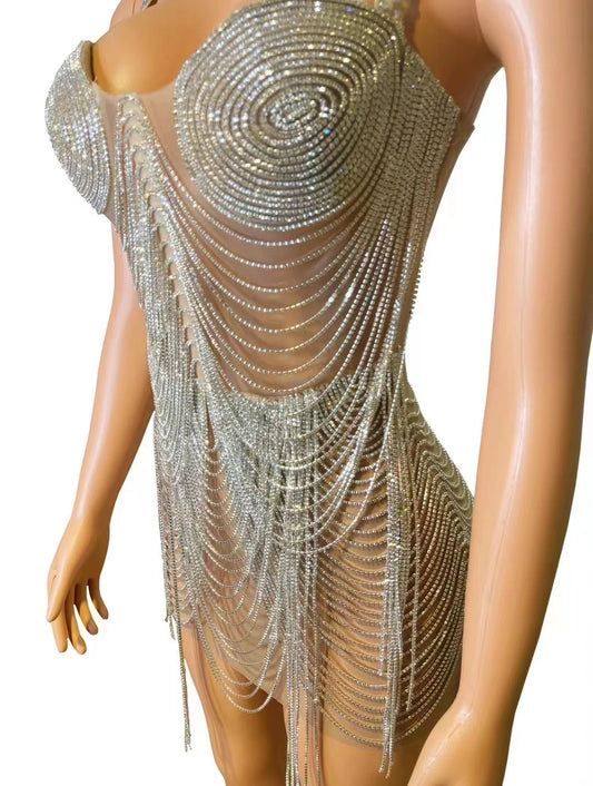 Rhinestone Crystal Metallic Tassel Fringe Transparent Stage Performance Bodysuit