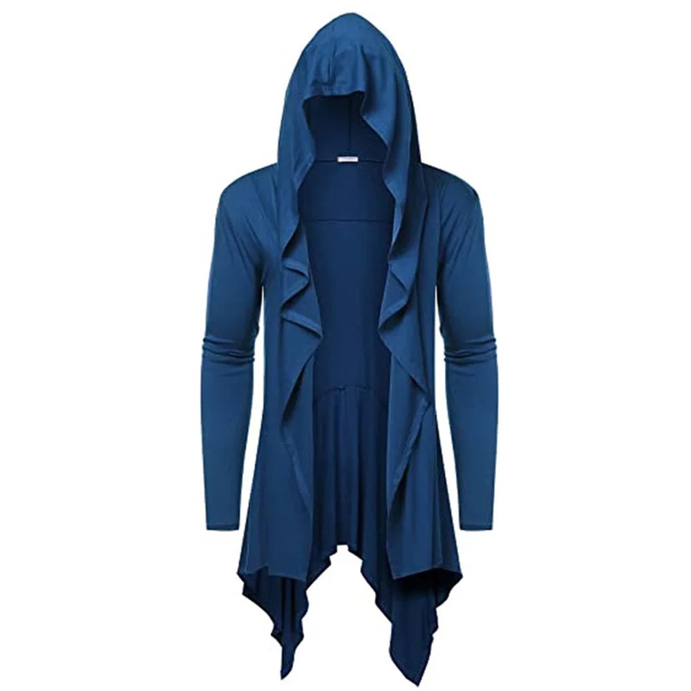 Men's Composite Long Hooded Ruffled Horn Collar Draping Cape Maxi Cardigan w/ Pockets