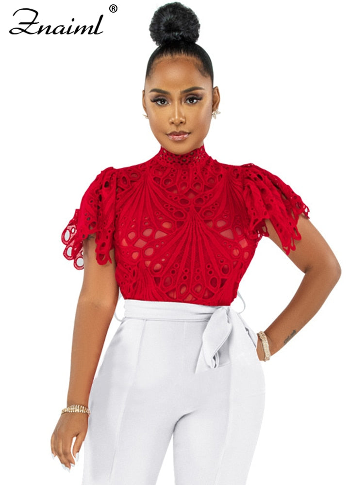 Hollow Out Mesh Lace Transparent Cropped Blouse