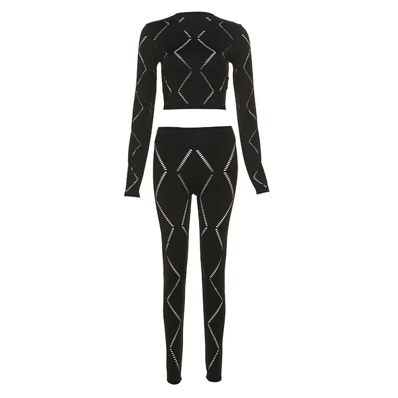 Knitted Geometric Pattern Long Sleeve Crop Top + Matching Biker Shorts Women's Solid Color 2-Piece Set