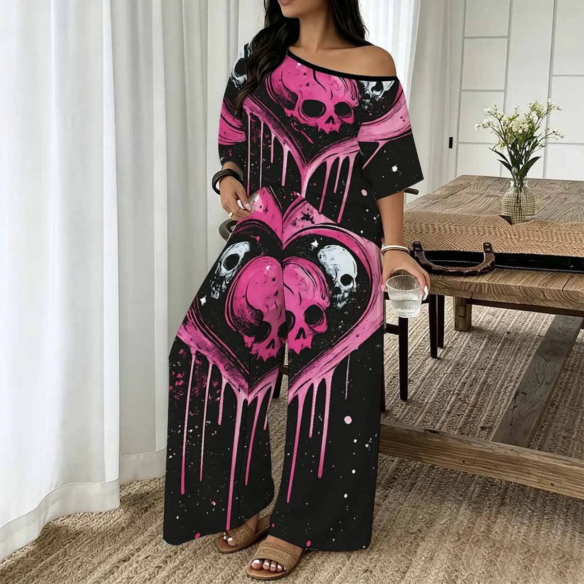 Printed Round Neck Short Sleeve Womens Top + Wide Leg Pants 2-Piece Set to 8X Plus Size