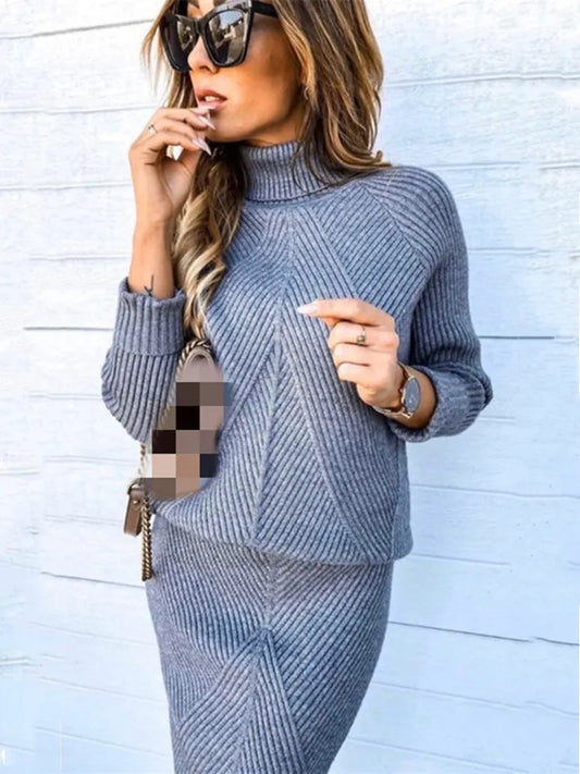 Women's Knitted Turtleneck Solid Pullover Sweater + Matching Skinny Fit Skirt 2-Piece Set