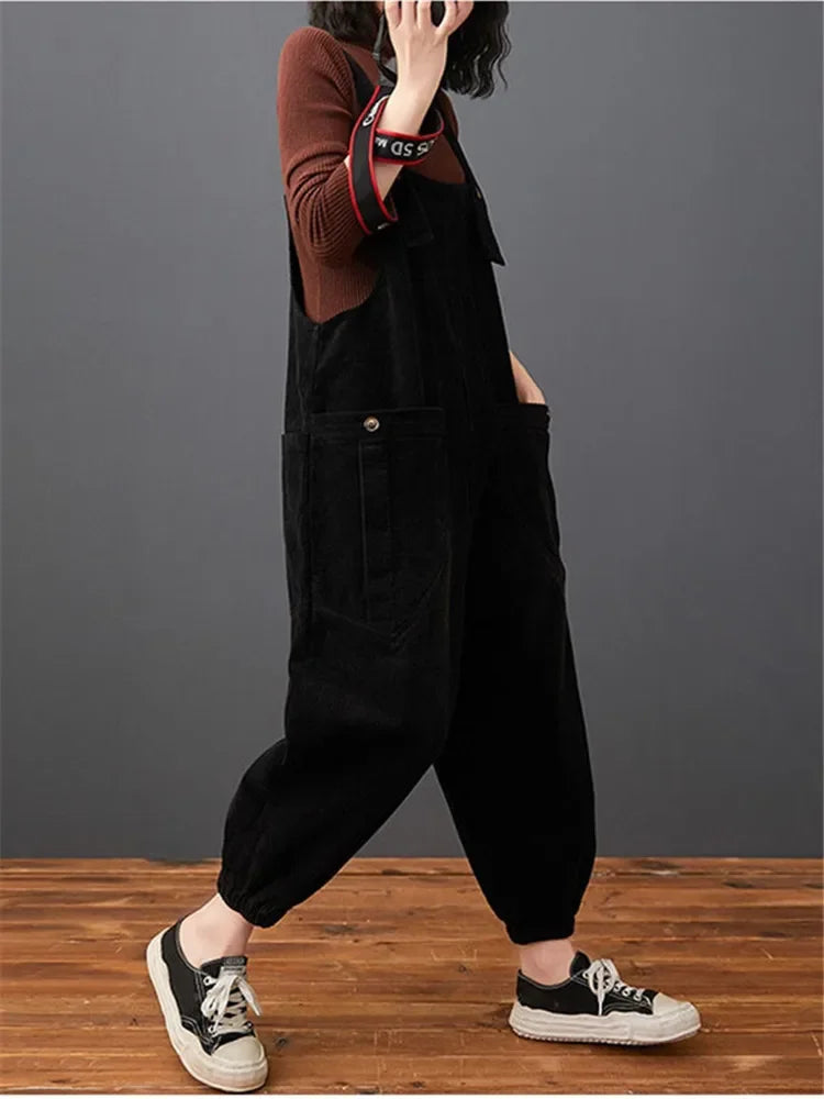 Corduroy Women's Solid Color Loose Rompers Pocketed Wide Leg Overall Jumpsuit