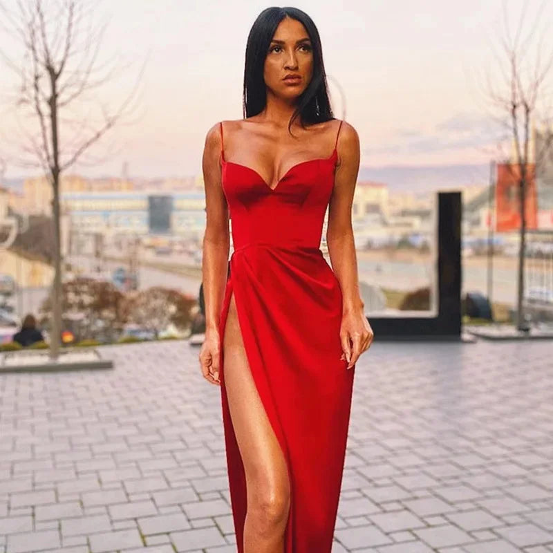Satin V-Neck High Slit Bodycon Backless Sleeveless Formal Party Dress