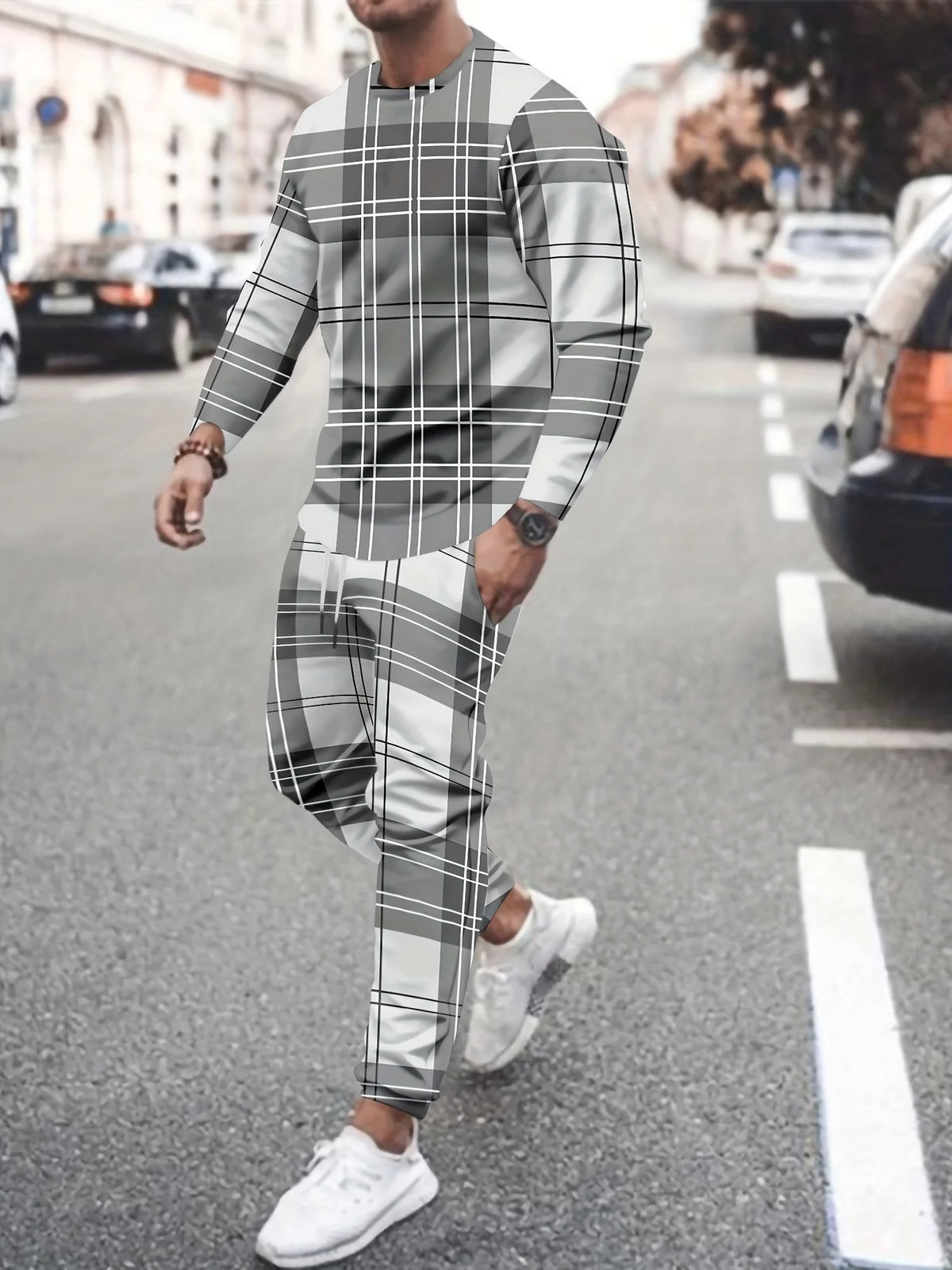 Men's Hip-Hop Rainbow/Gradient/Colorblock/Plaid Checker Print Long Sleeve T-Shirt + Pants Sportswear 2-Piece Set