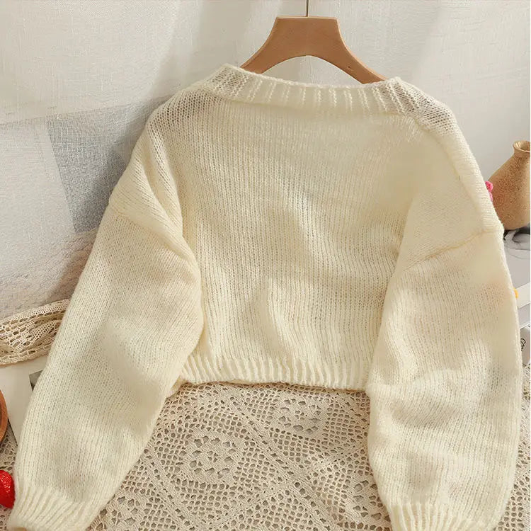 White Wool Crochet Big Flower Embroidered Design Women's Cardigan Sweater
