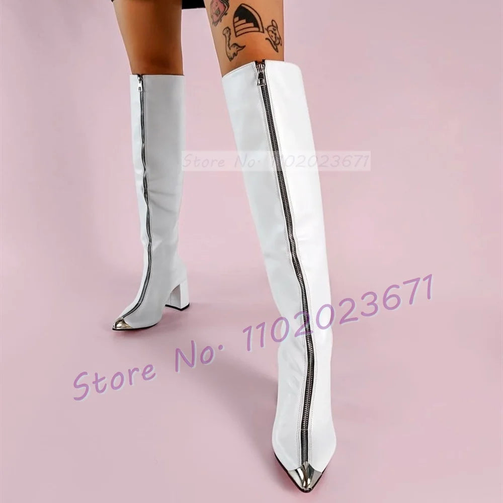 Zipper Front Solid   Leather Block Heel Knee-High Boots