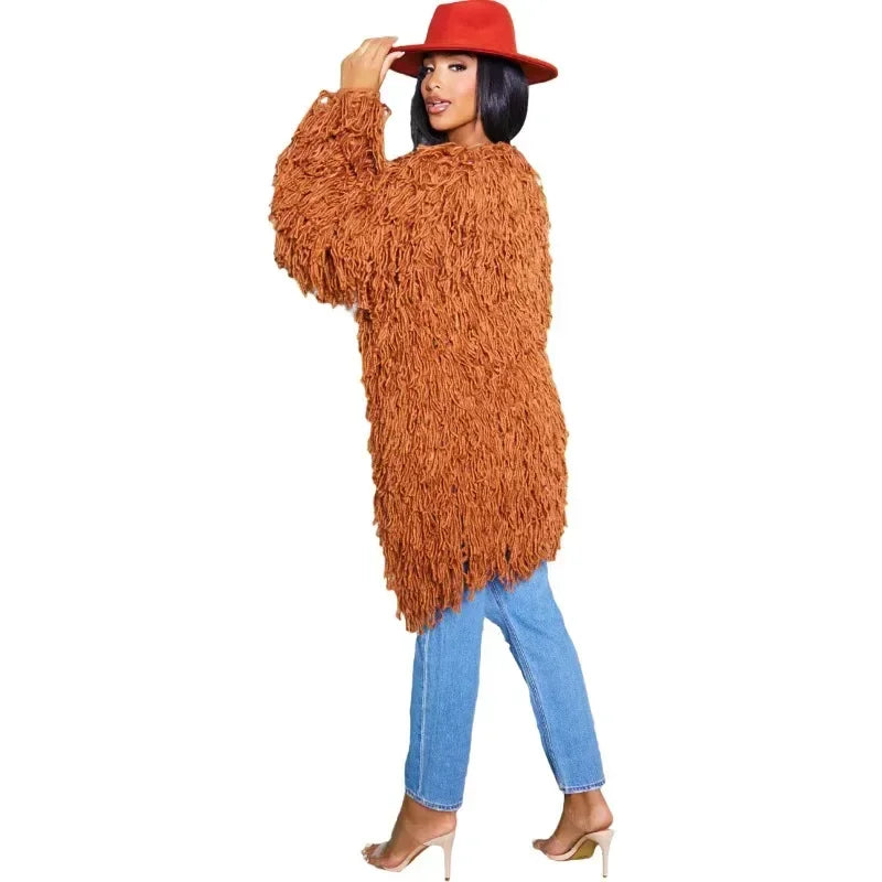 Fringe Tassel Solid Crochet Knitted Open Stitch Loose Ladies Maxi Sweater