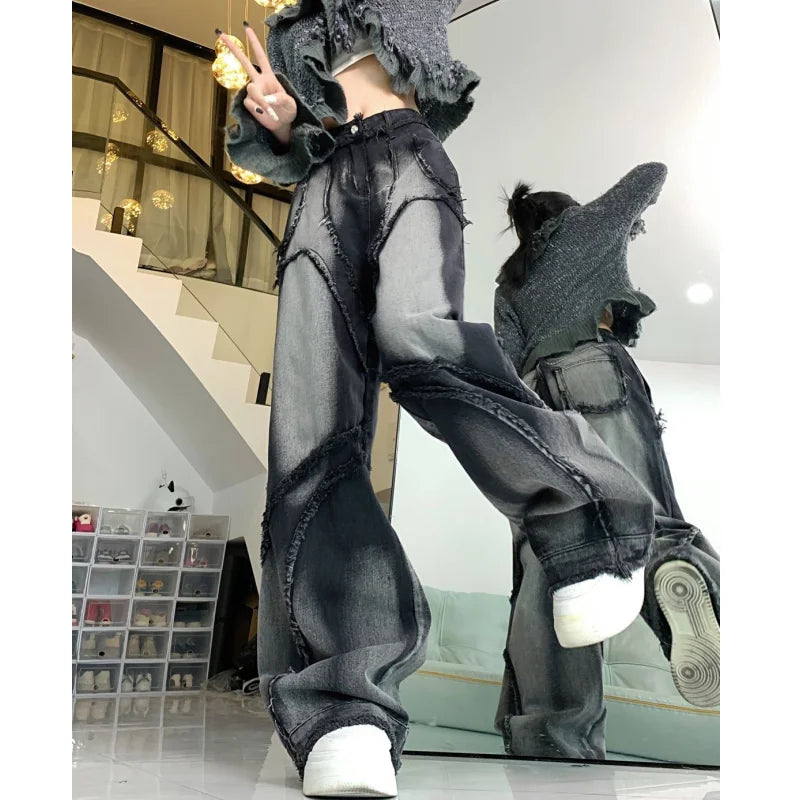 Black High Waisted Women's Hip-Hop Baggy Denim Wide Leg Jeans