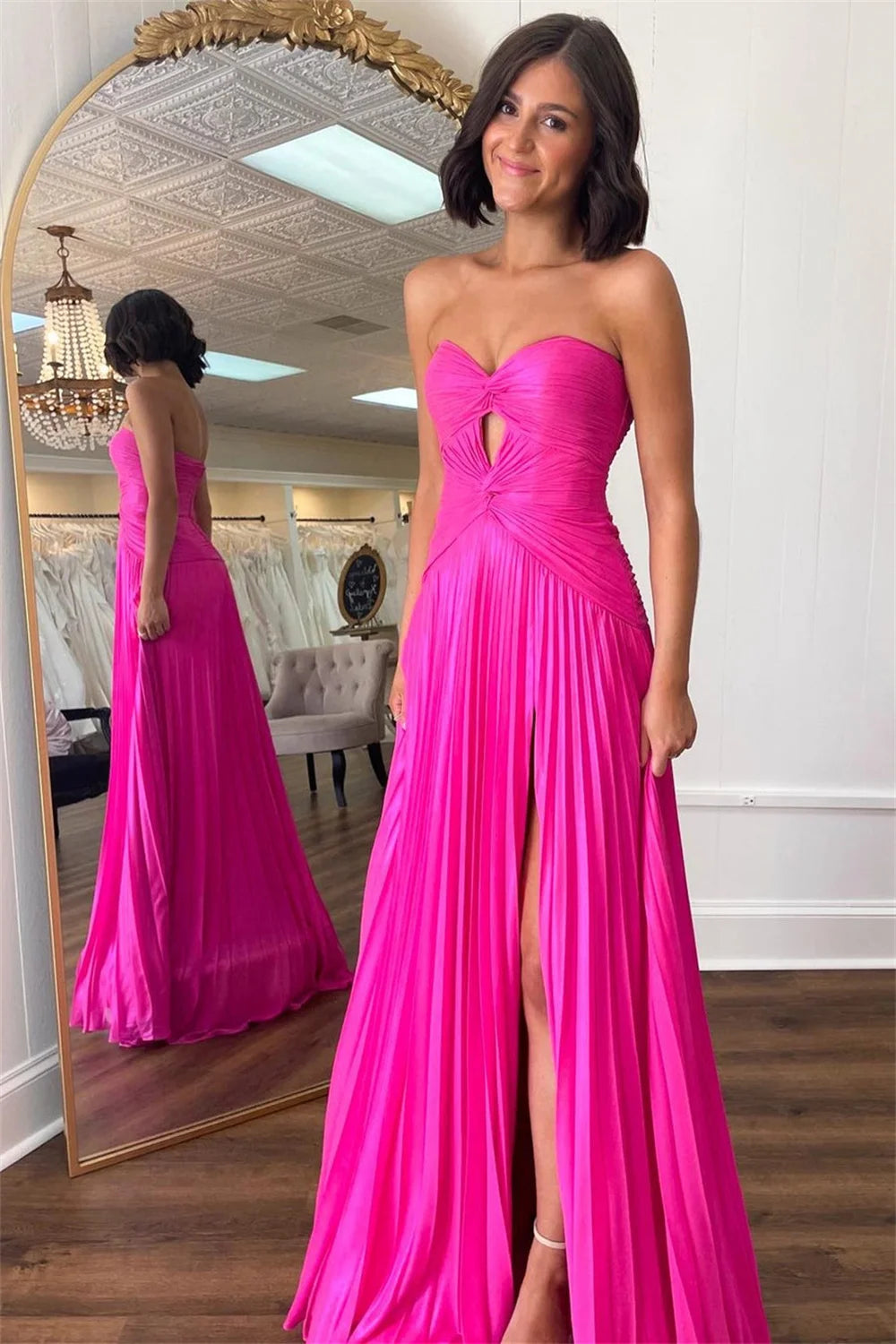 Chiffon Strapless Sleeveless Customized Solid Color Side Slit Formal Party/Wedding Mermaid Trumpet Maxi Dress