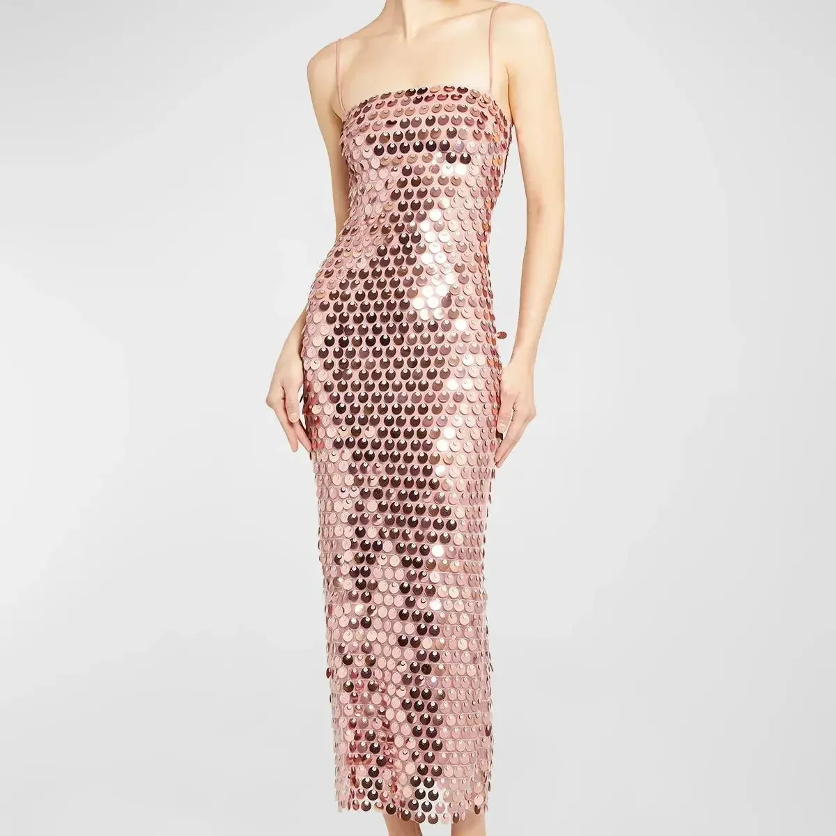 Sparkling Sequin Sleeveless Solid Backless Spaghetti Strap Formal Maxi Party Dress
