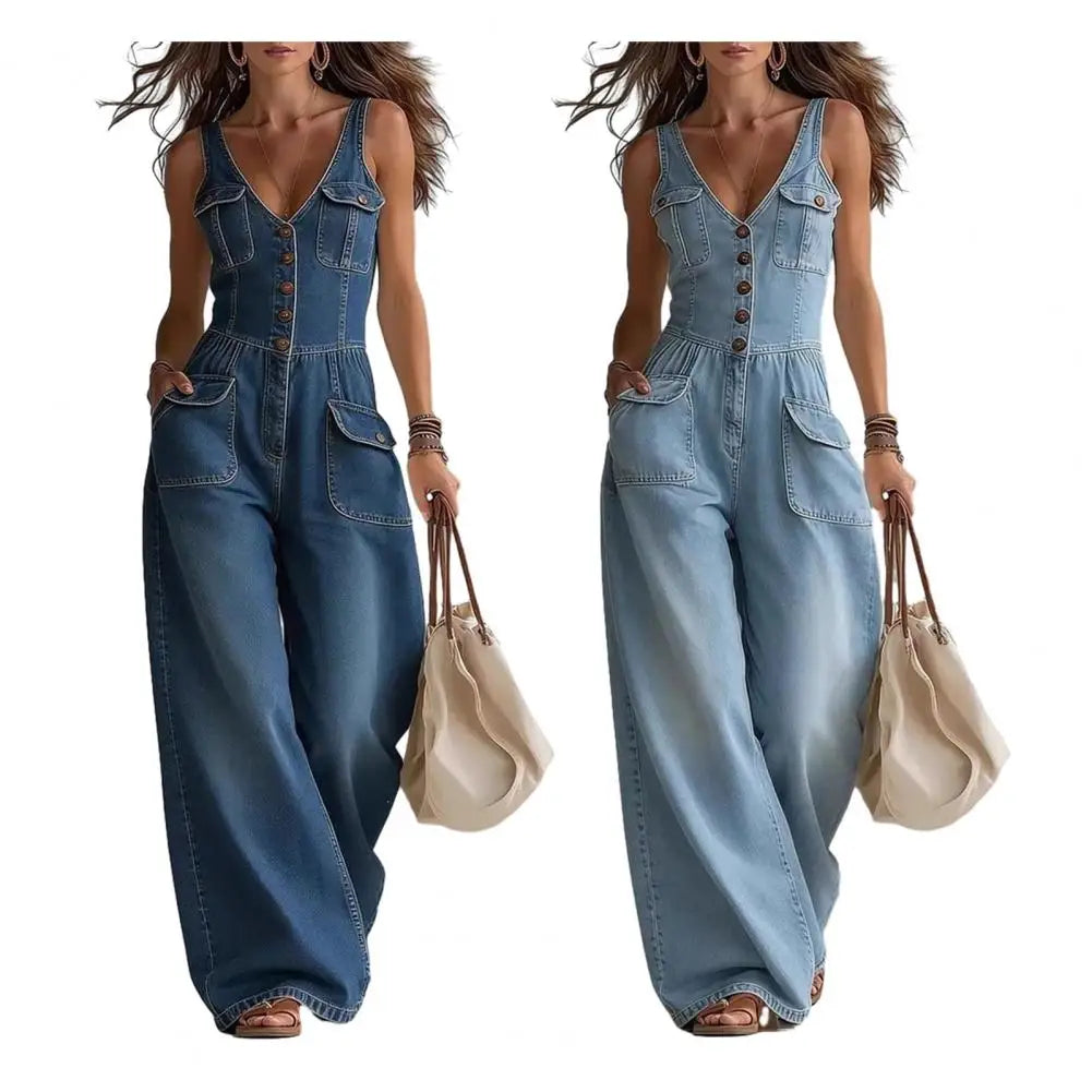 Denim Sleeveless V-Neck Women's Button-Up Wide Leg Baggy Cargo Pocketed Jeans Jumpsuit