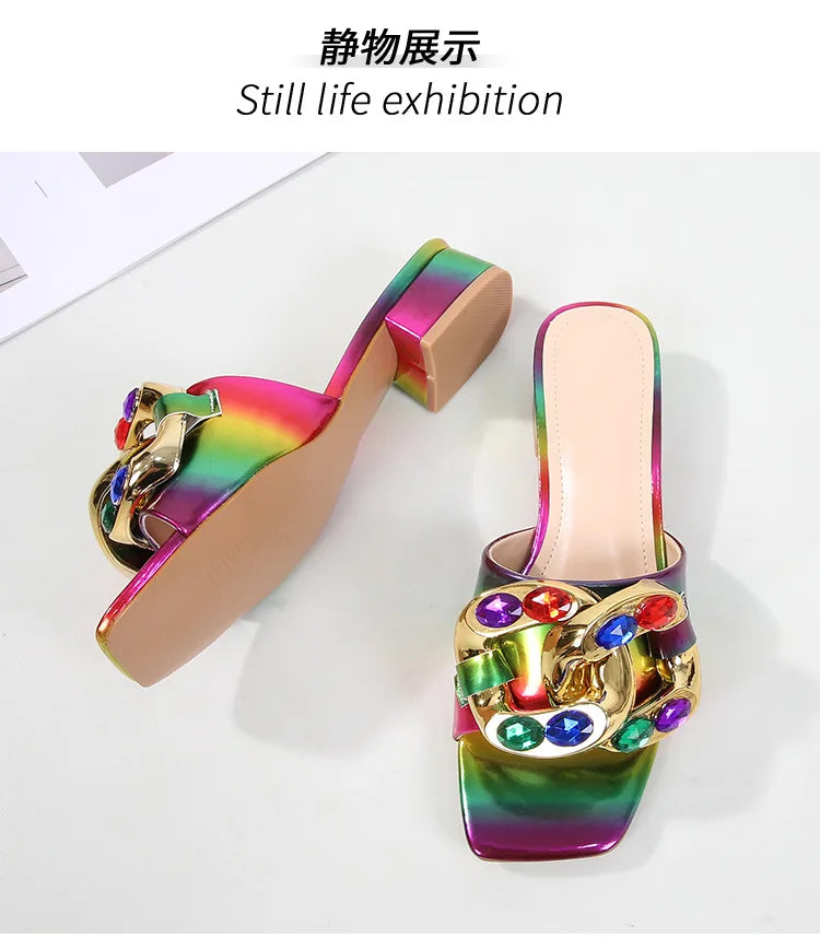 Gold Chain Detail Gradient Ombre Pattern Open Toe Women's Flat Square Heel Sandals