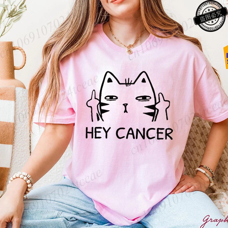 "Hey Cancer" 3D Cat Print Breast Cancer Awareness T-Shirt to 3X Plus Size