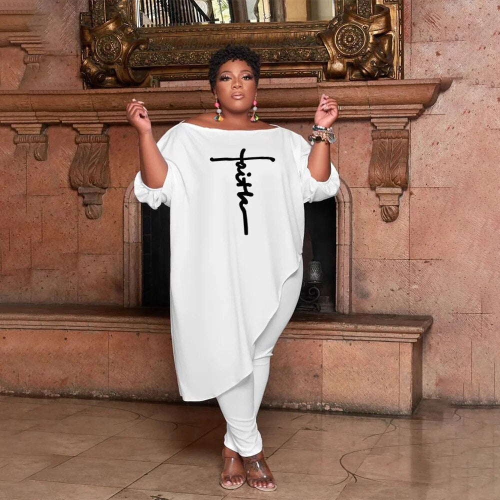 "Faith" Oversized Mid-Sleeve Plus Size Slanted Shoulder Embroidered Maxi Shirt + Leggings Matching 2-Piece Set to 5X