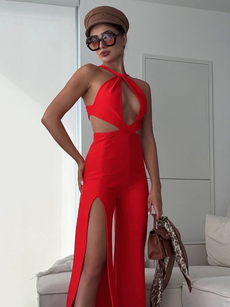 Red Designer Sleeveless Hollow-Out Bandage Backless Spilt Wide Leg Jumpsuit