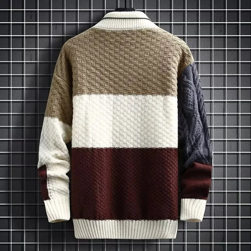 Colorblock Men's Wool Waffle Knitted O-Neck Multi-Colored Sweater