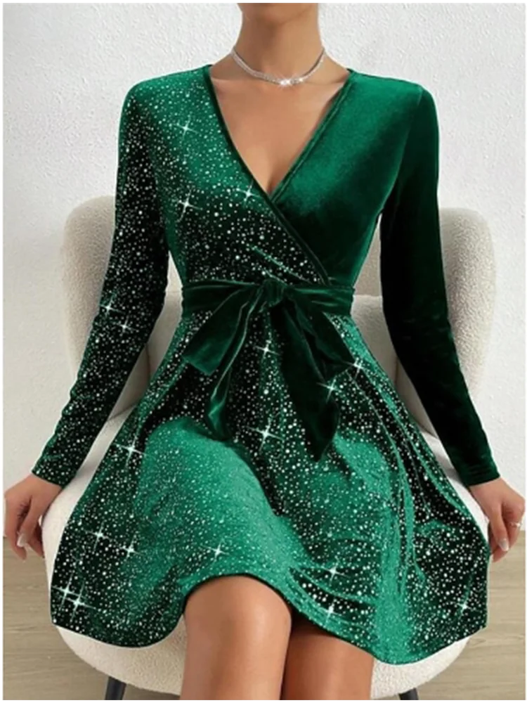 Velvet Sparkling Glitter Sequin Star Design Deep V-Long Sleeve Solid Color Mini Formal Party Dress w/ Sash Belt