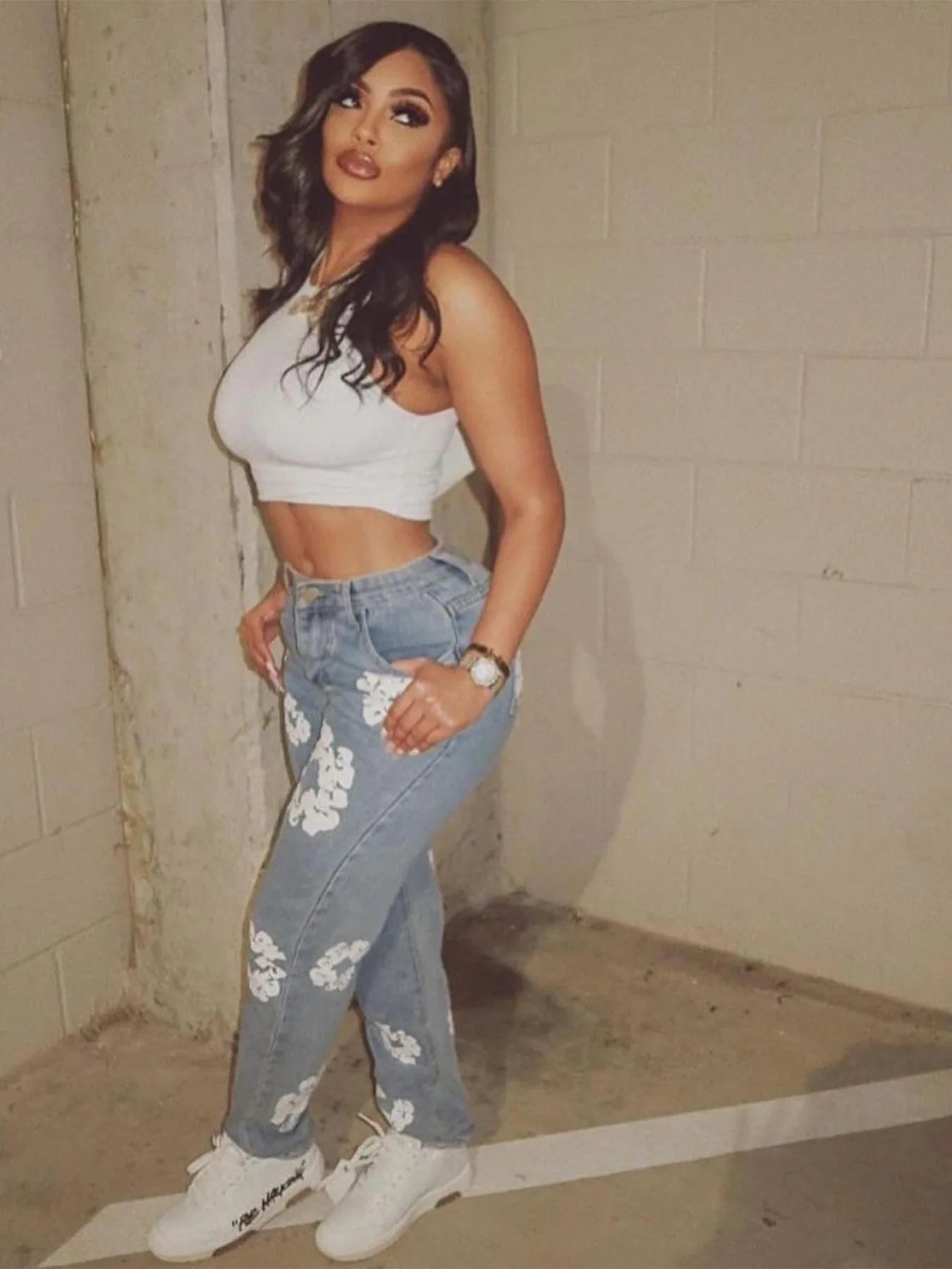 Denim Big White Flower Print Women's High Waist Streetwear Jeans