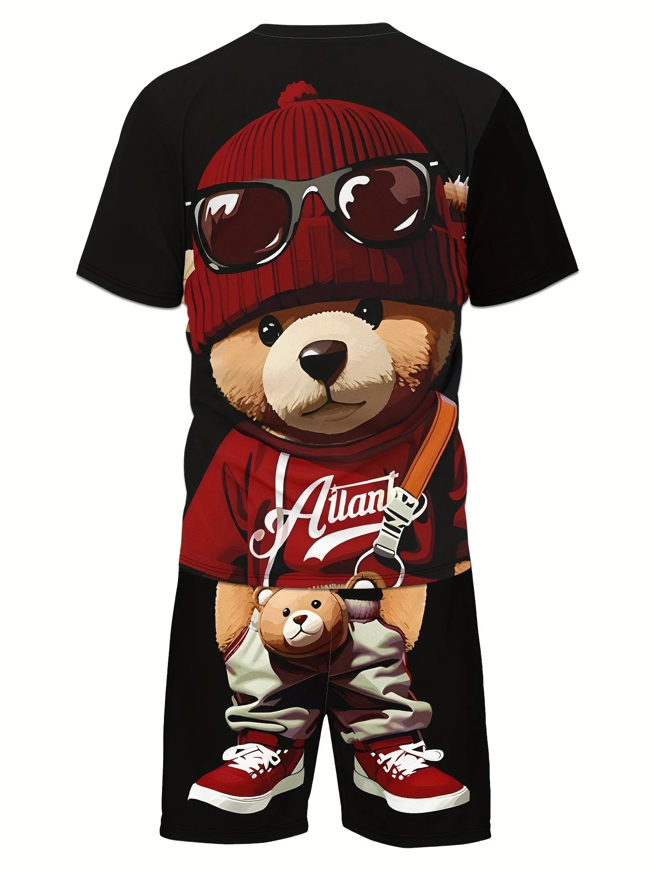 Men's 3D Hip-Hop Teddy Bear Print Short Sleeve T-Shirt + Matching Shorts 2-Piece Set