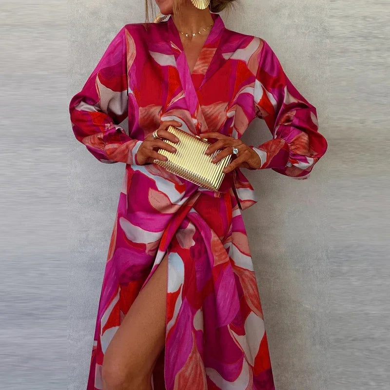Ruffled Floral Print Puff Long Sleeve Turn-Down Collar Maxi Dress