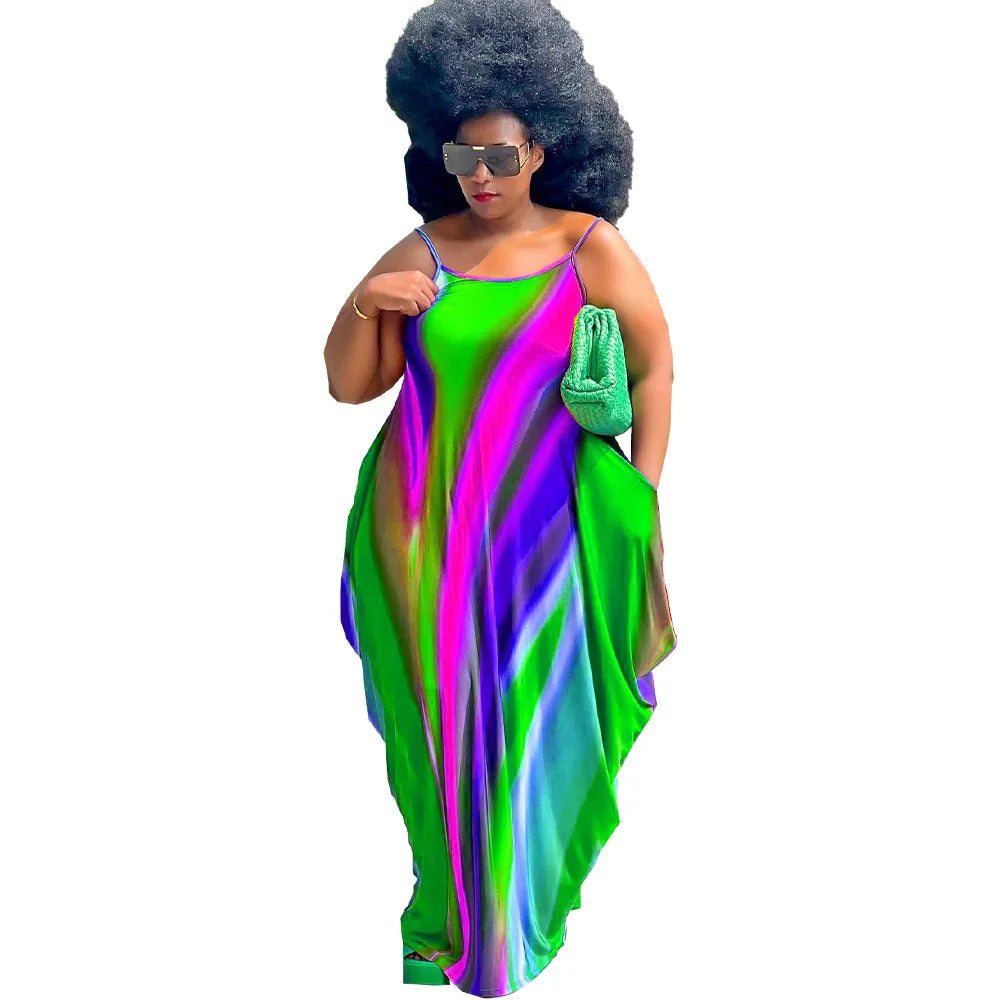Rainbow Striped Colorblock Ruched Ruffled Sleeveless Print Harem Maxi Dress to 5X Plus Size