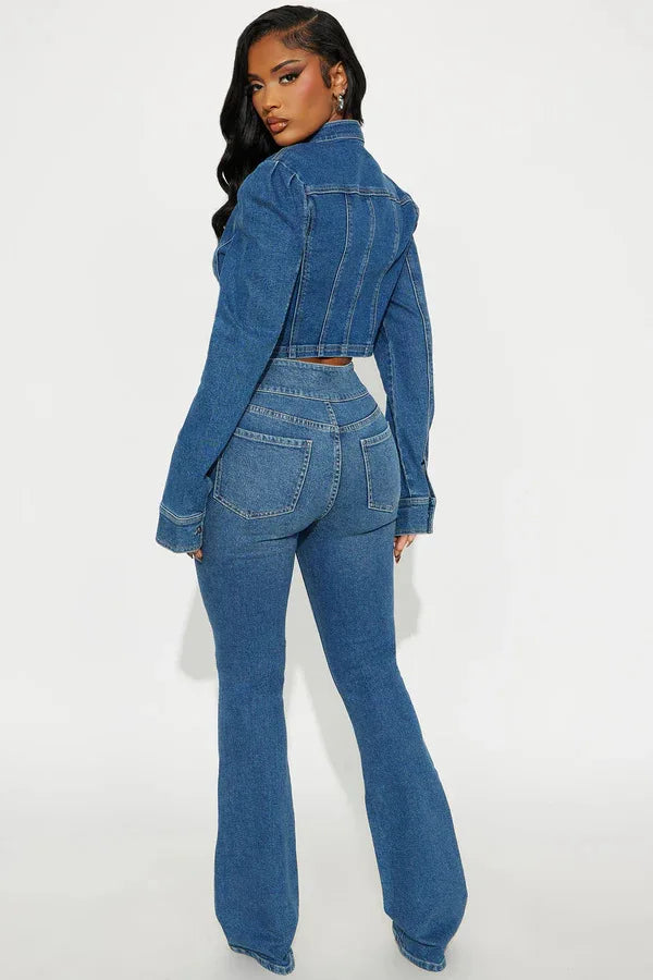 Denim Blue Mandarin Collar Women's Crop Jean Jacket + Jeans Matching 2-Piece Set