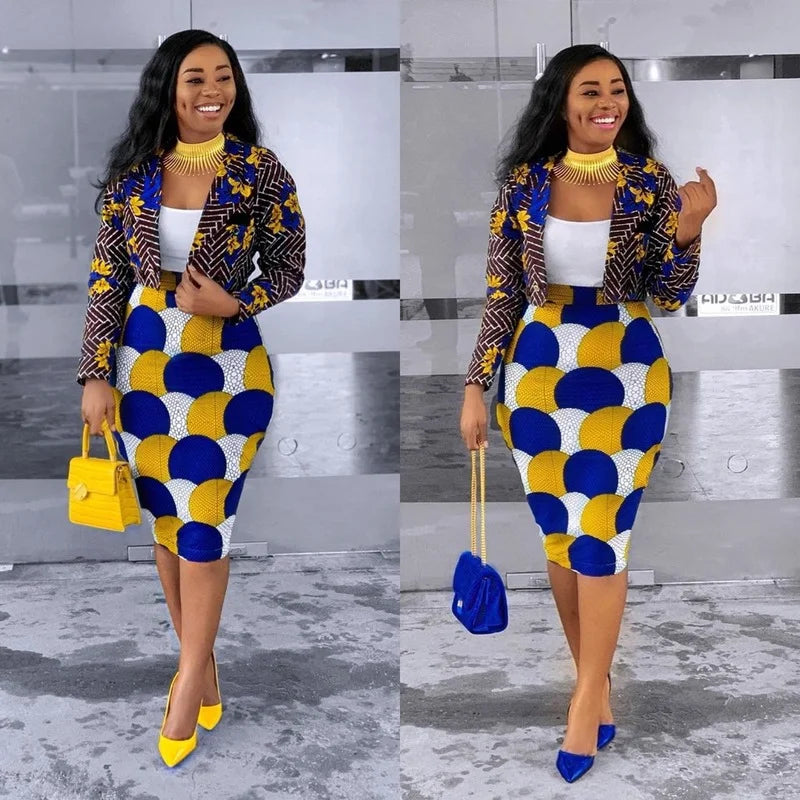 Women's Blue/Yellow/White Blazer + Midi Skirt Suit