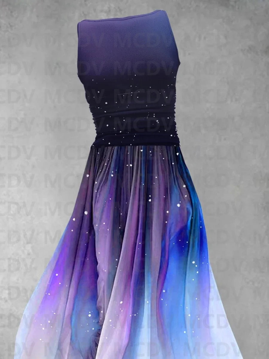 Rainbow Gradient/Plaid/Polka Dot/Striped Colorblock 3D Print Sleeveless O-Neck Swing Midi Dress to 3X Plus Size