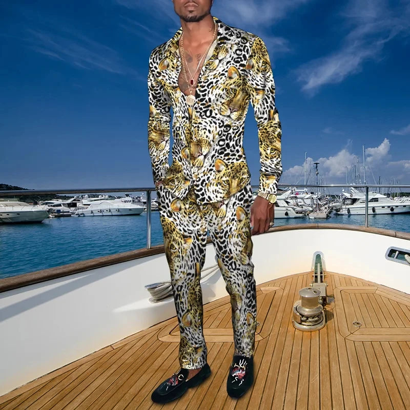 Men's Casual 3D Print Long Sleeve Dress Shirt - Pants Matching 2-Piece Sets