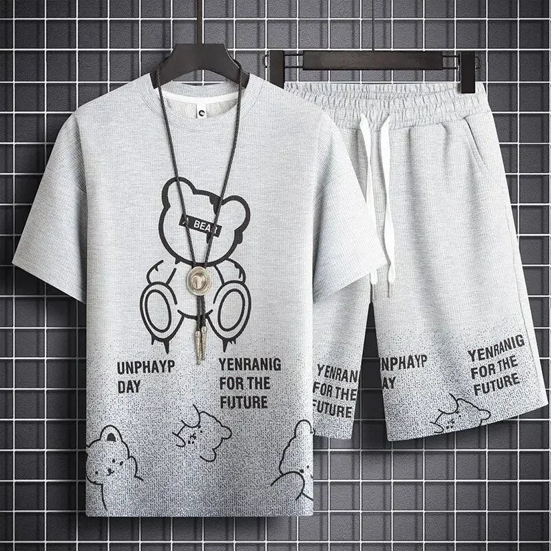 Men's Teddy Bear Print Waffle 3D Graphic Short Sleeve O-Neck T-Shirt + Drawstring Striped Hem Shorts 2-Piece Set