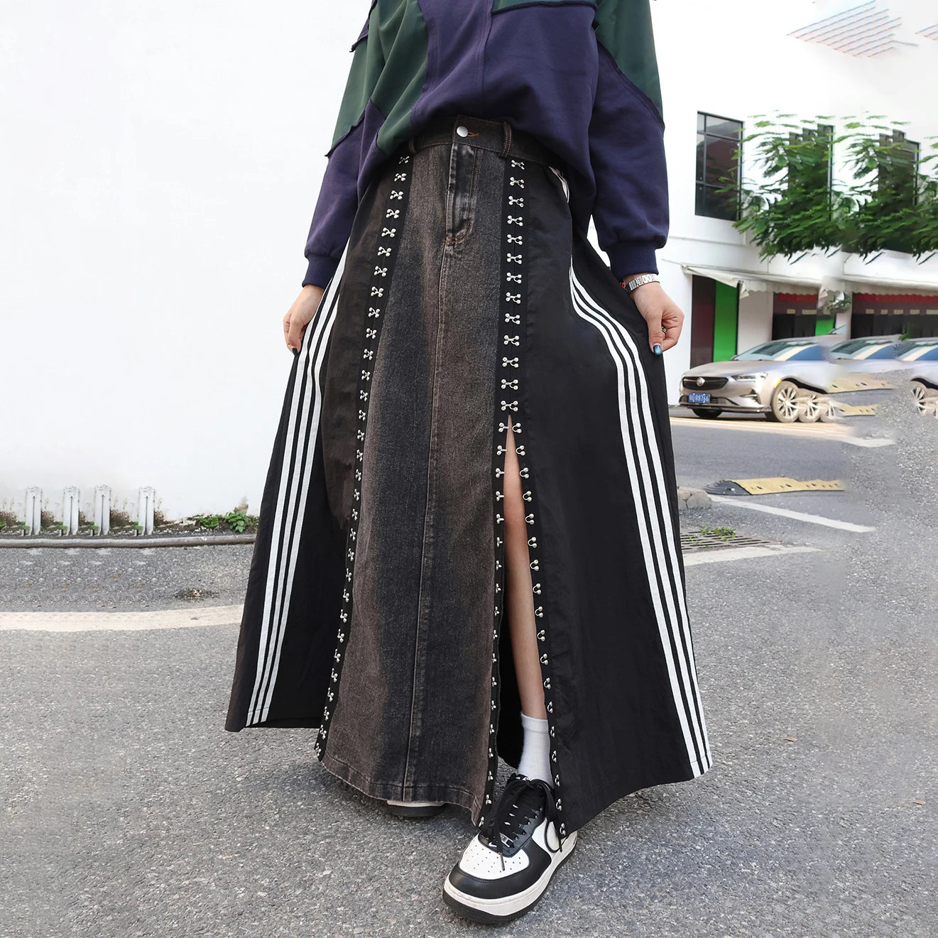 240939 European American Personalized Buttons Woman A-E Skirt Loose Plus Size Patchwork Denim Long Skirts Faldas Mujer Saias