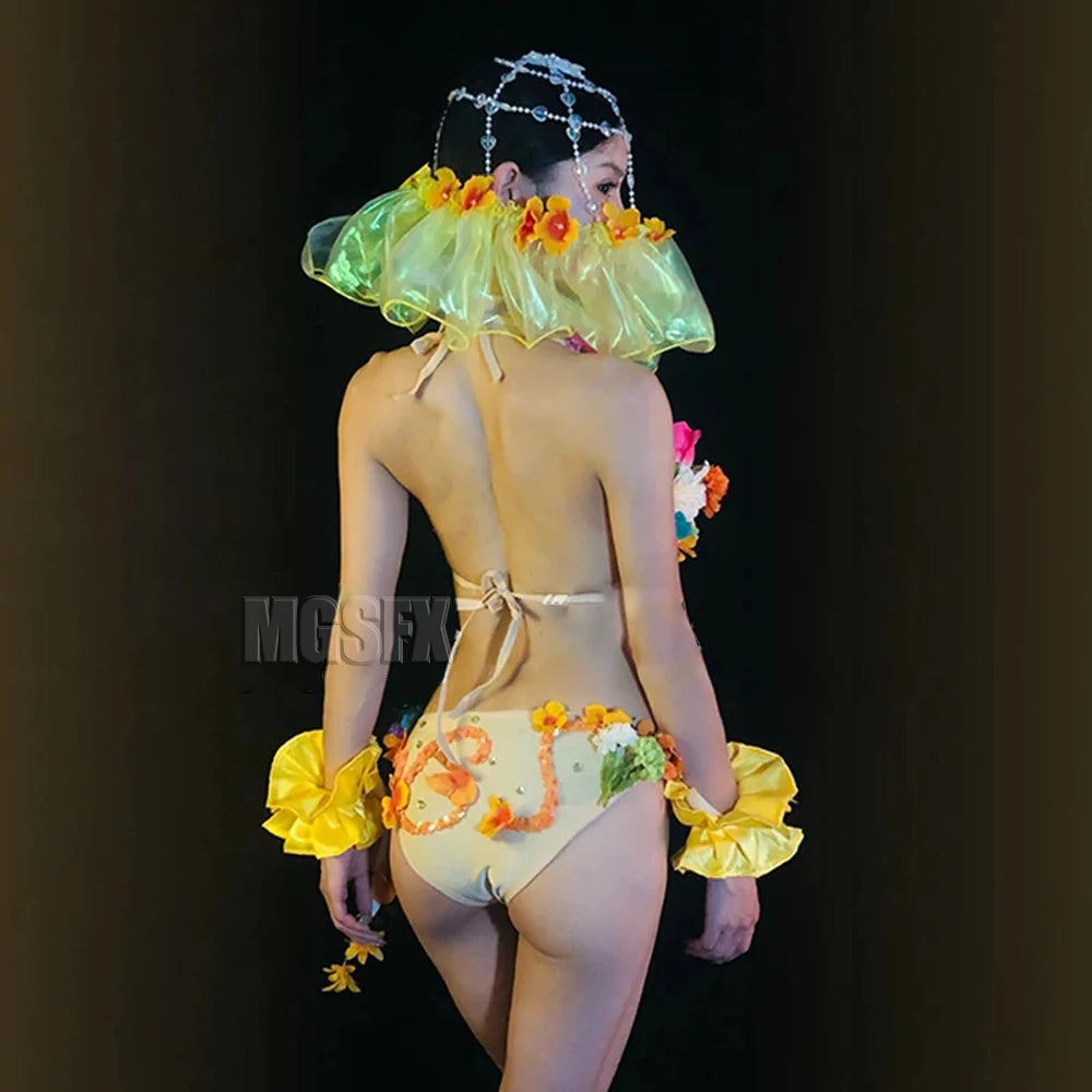 Rhinestone Bright Rainbow Embroidered Flower Bikini Costume