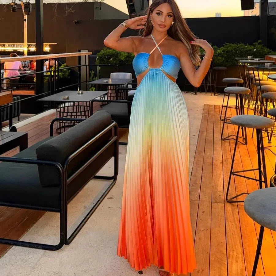 Gradient Colorblock Sleeveless Pleated Cut-Out Backless Maxi Beach Dress