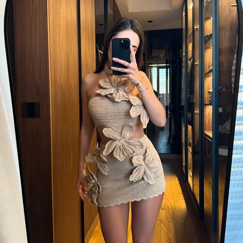 Knitted Crochet 3D Flower Embroidered Hollow-Out Sleeveless Halter Mini Dress