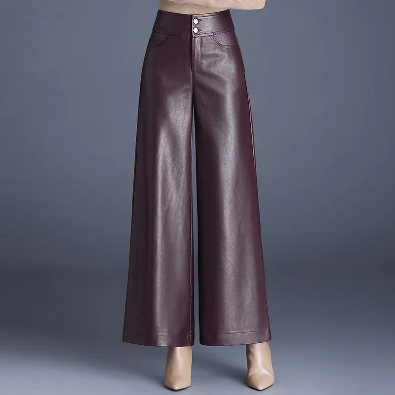 Designer Women's PU Leather Solid Color Wide Leg Pants