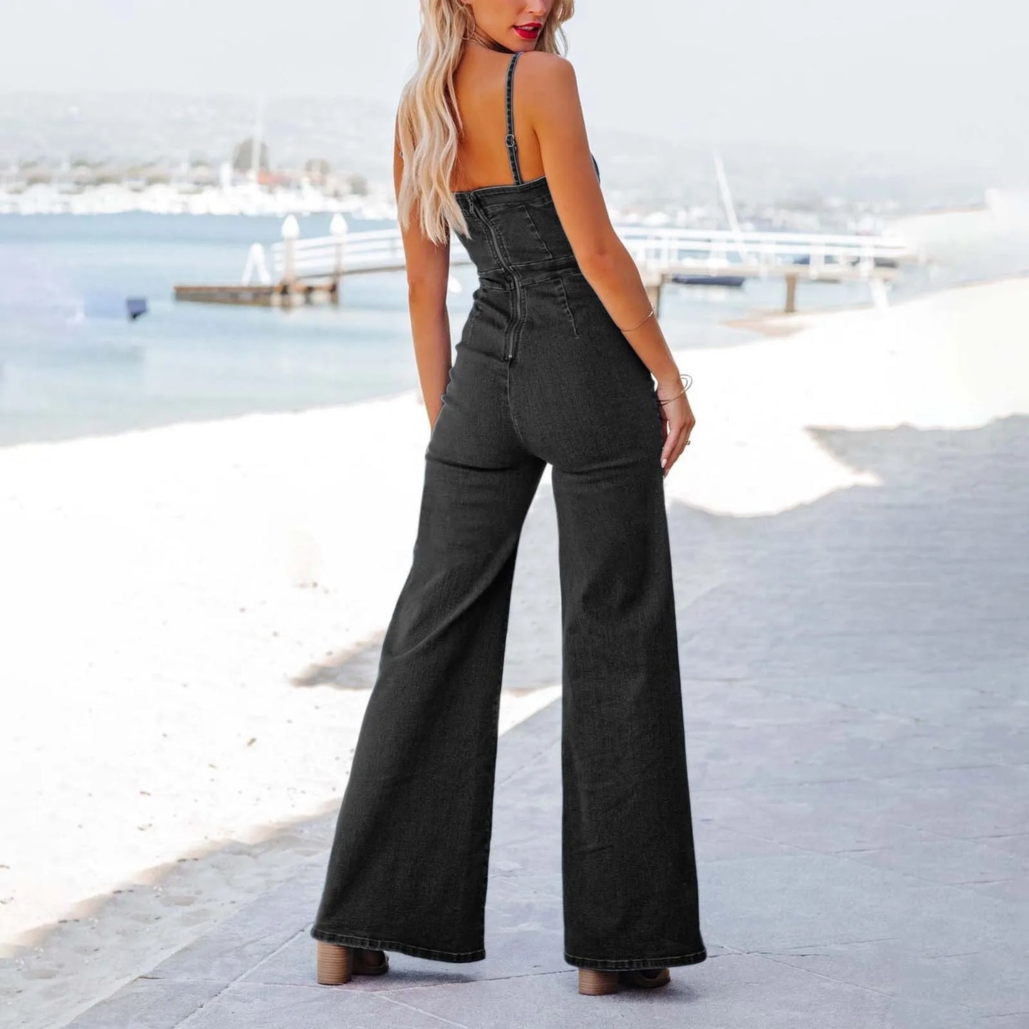 Streetwear Denim Black/Blue Spaghetti Strap Flared Jean Backless Zipper Up Skinny Overall Jumpsuit
