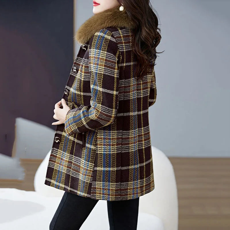 Plaid Wool Women's Temperament Fur Detachable Turn-Down Collar Button-Up Pea Coat to 5X Plus Size