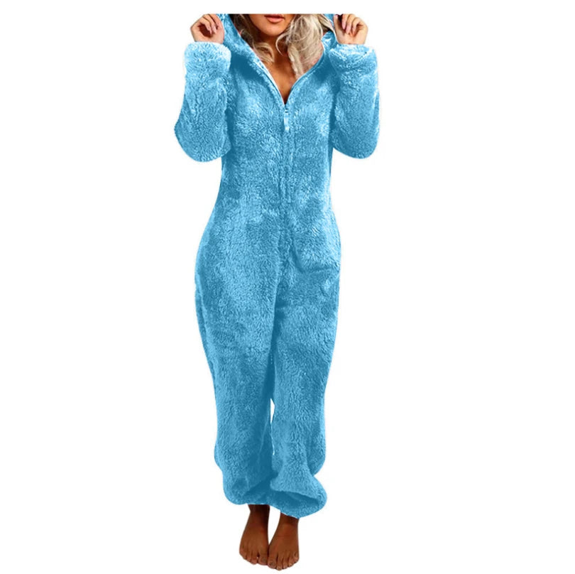 Faux Fur Fleece Women's Onesie Zipper Hoodie Teddy Jumpsuit